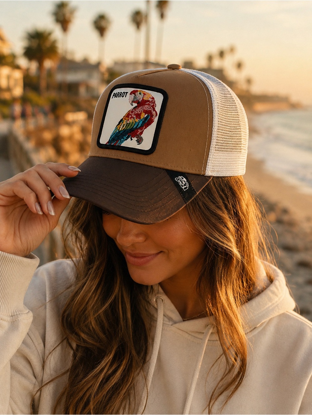 Parrot Trucker Hat Adjustable Snapback Embroidered Mesh Cap Brown White